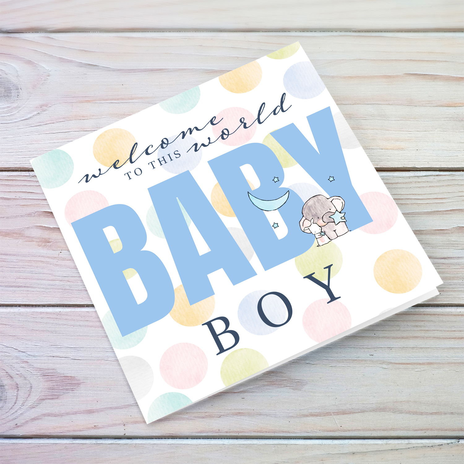 Welcome to the world baby boy - new born for boys greeting card in pastel background, featuring cute elephant in English