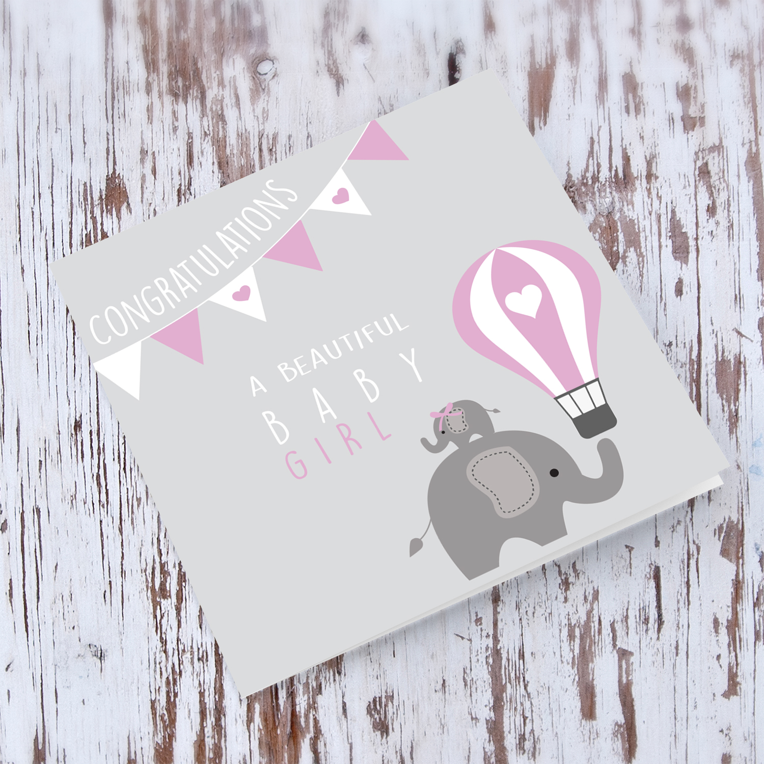 Elephant, hot air balloon with bunting - new born card for girls