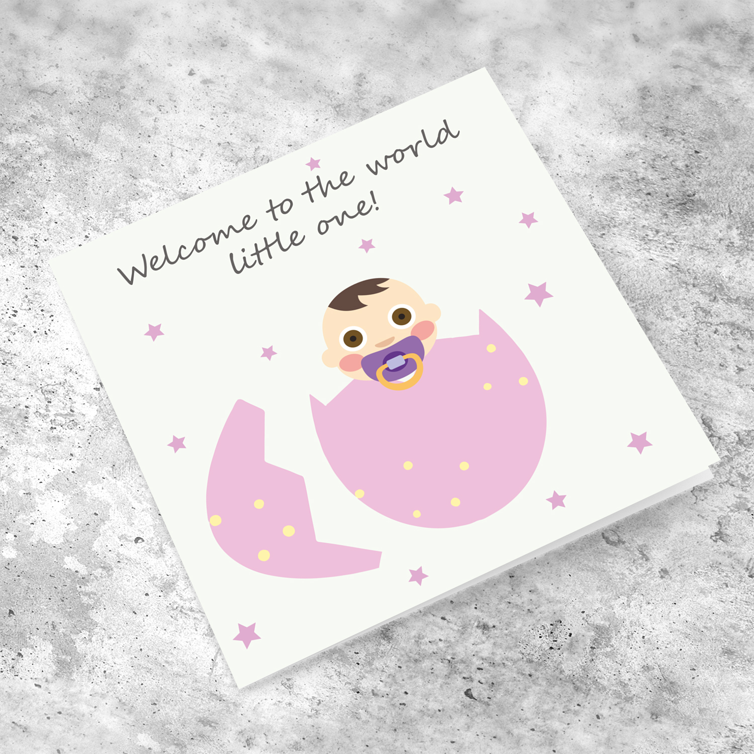 New born card for girl in pink egg with stars in English
