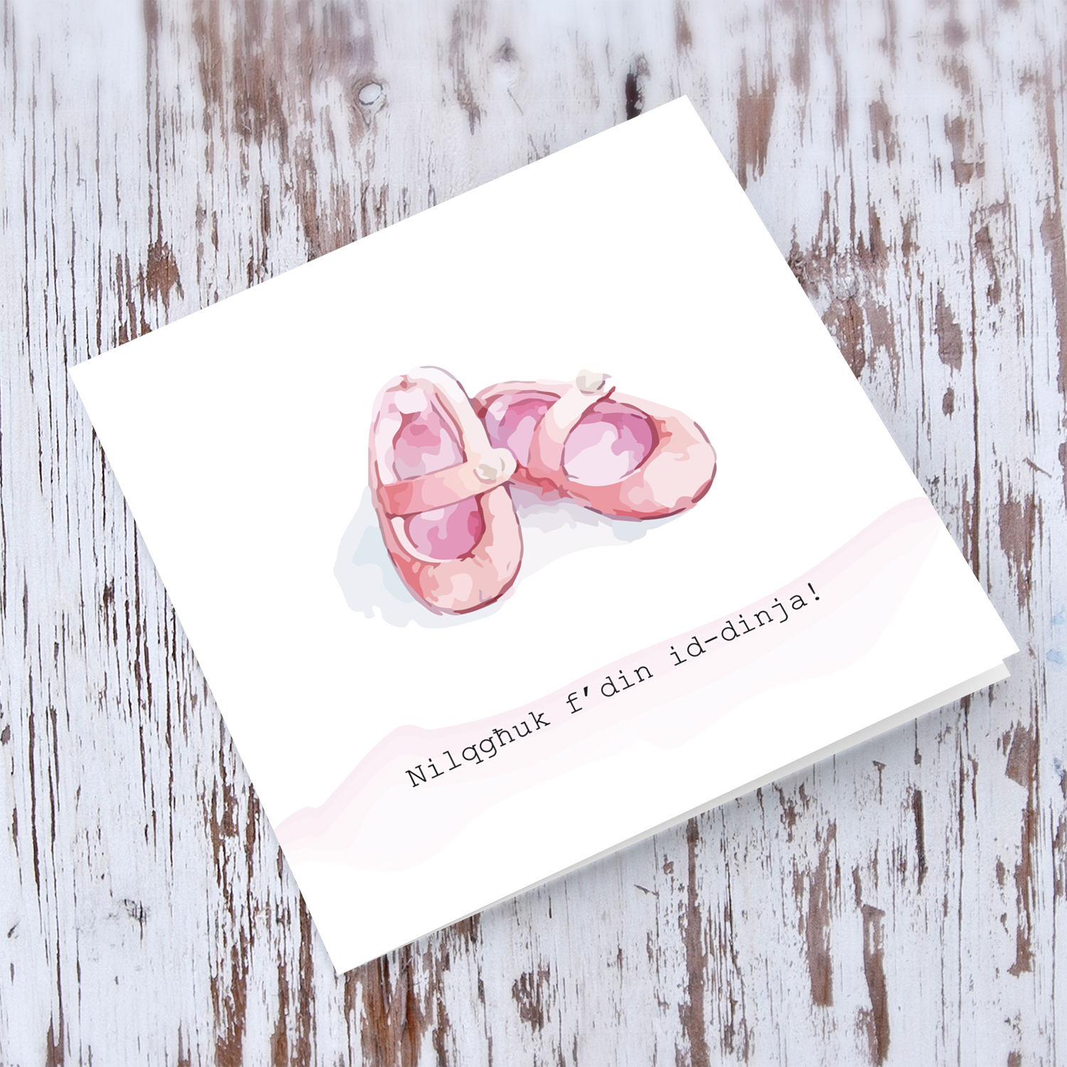 Pink Shoes themed new born card in Maltese for girls