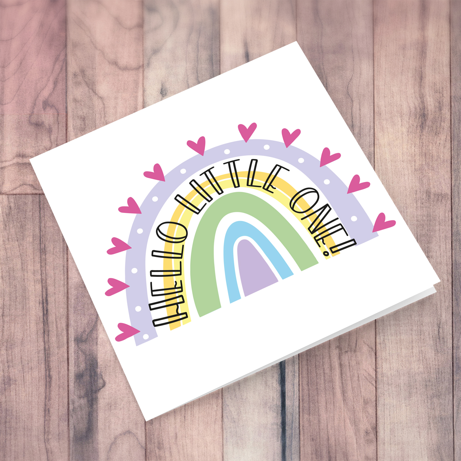 Rainbow themed new born card for girls with pink hearts in English