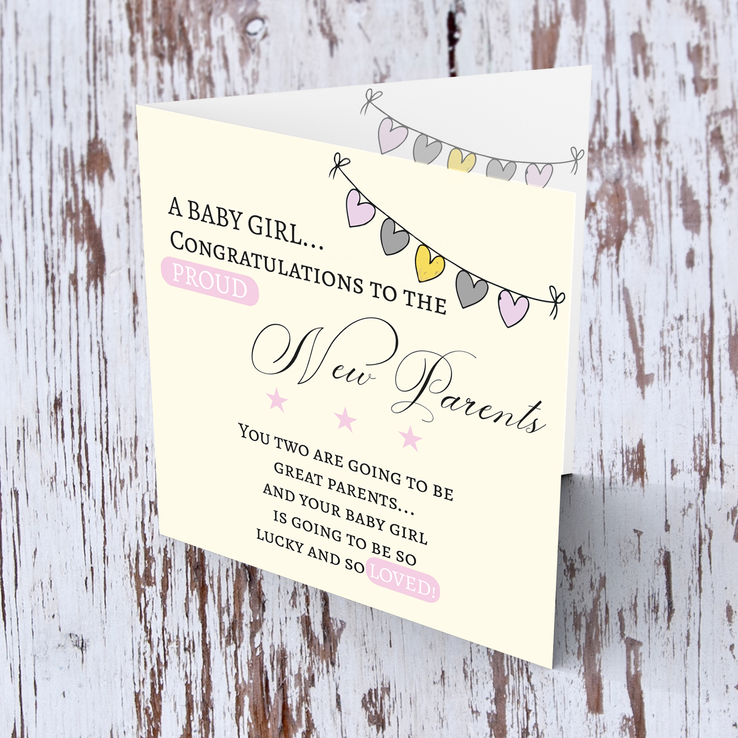 Heart bunting new born card for girls in English