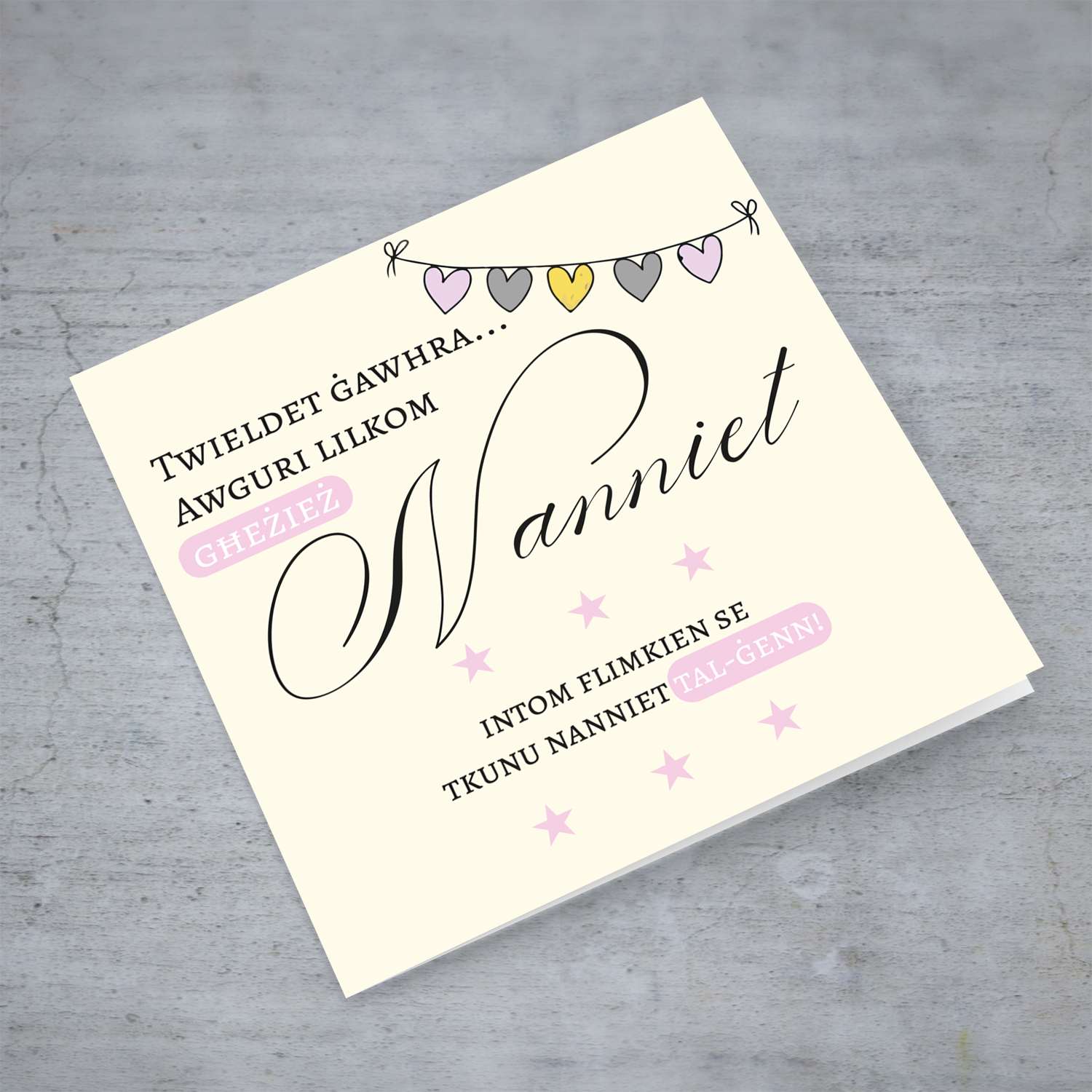 Heart bunting new born card -baby girl granddaughter- for grandparents in Maltese