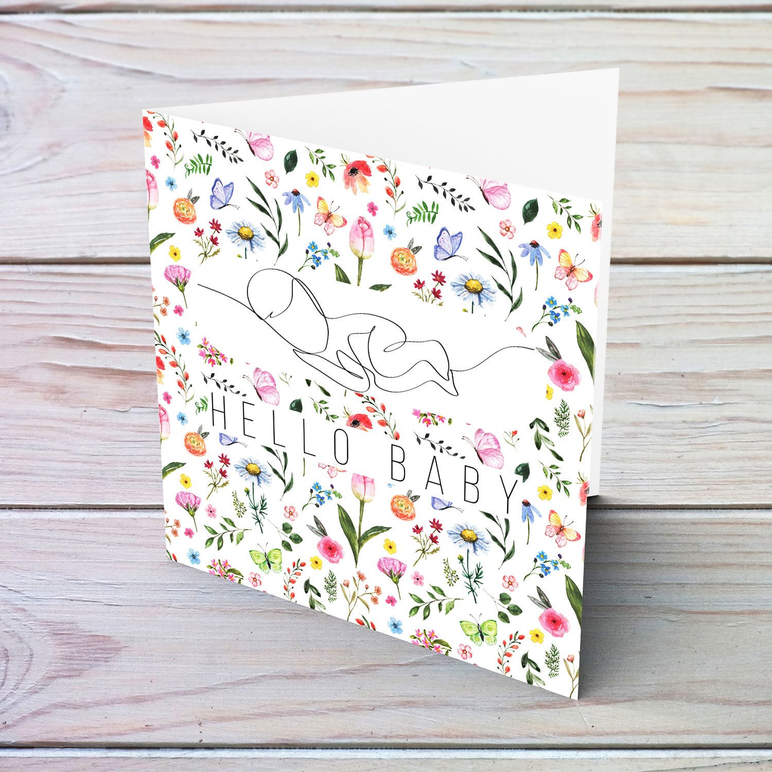 Hello baby floral new born card with line art baby for girls in English