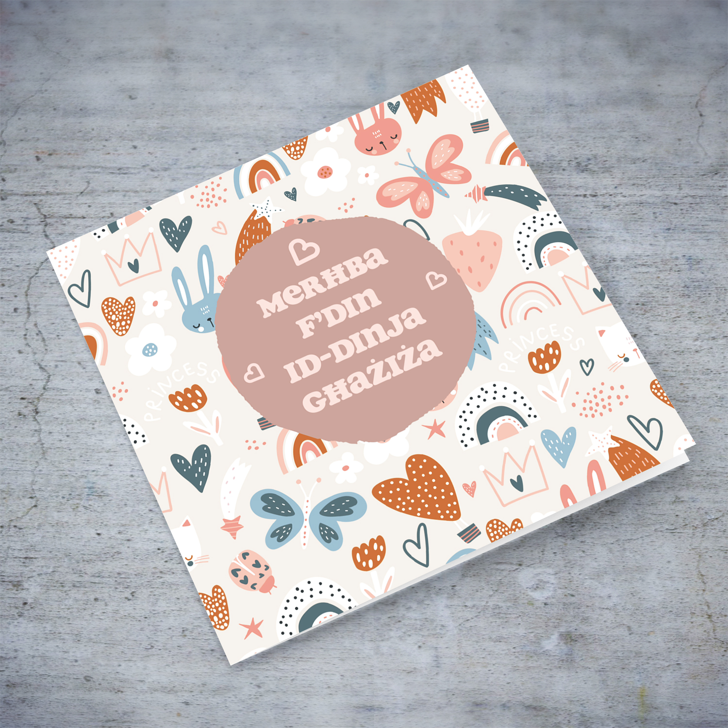 Welcome to this world little one in colourful girly background in Maltese