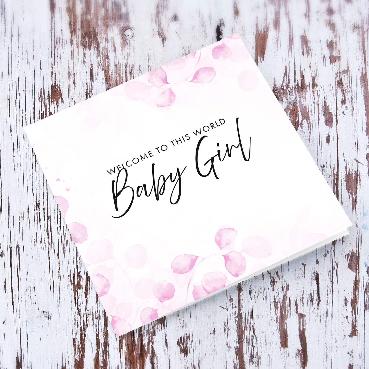A dainty pink leave / plant background for new born girl with black text in English