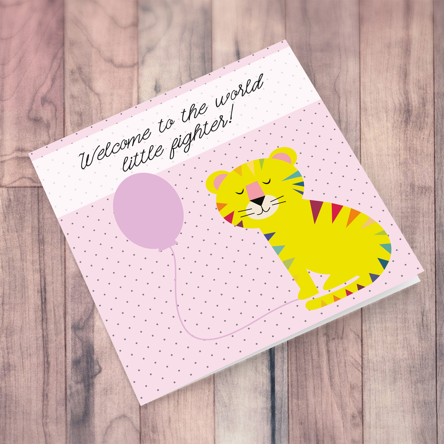 Tiger holding pink balloon with pink background in English