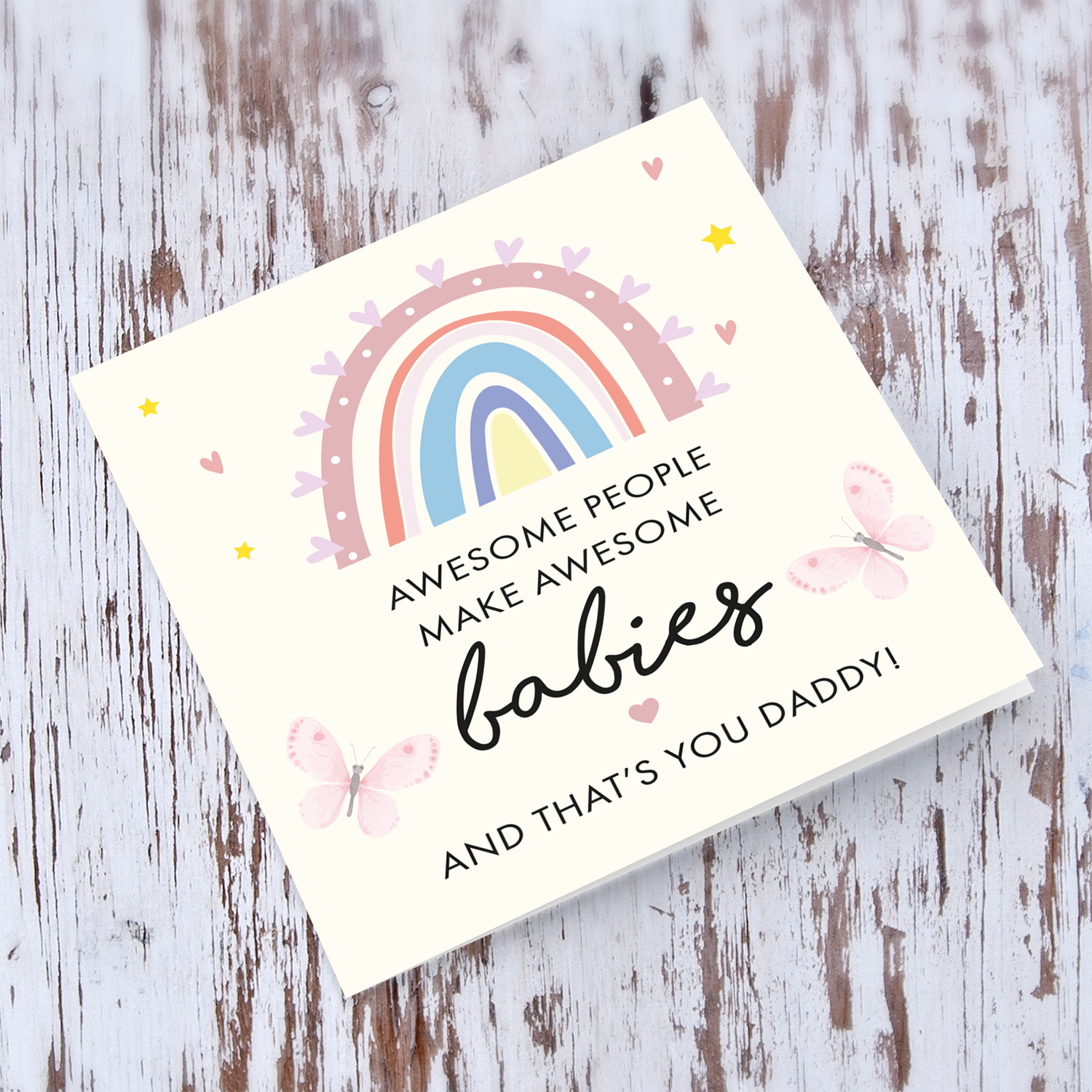 Rainbow themed with butterflies new born card for dad in English