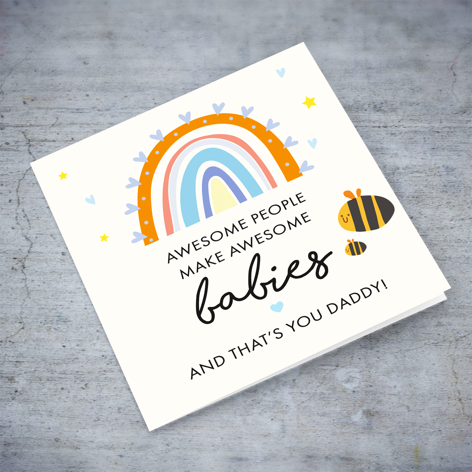 Rainbow themed with cute bees new born card for dad in English