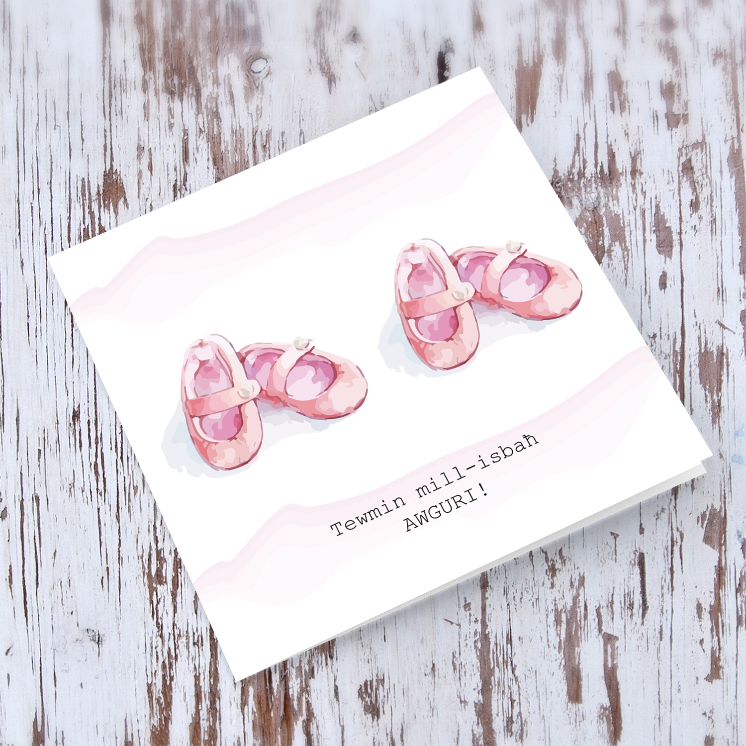 Pink shoes themed twins new born card in Maltese