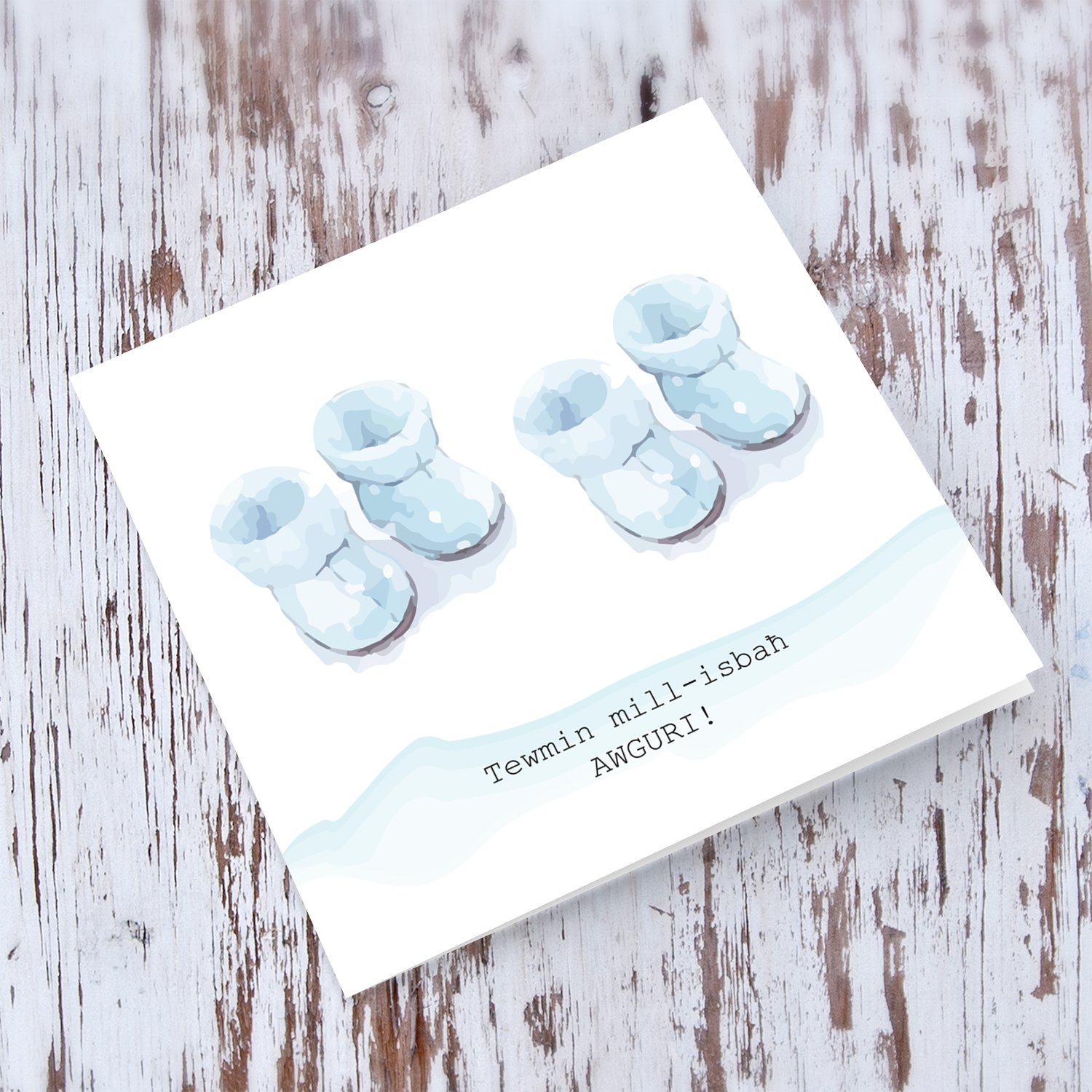 Blue shoes themed twins new born card in Maltese
