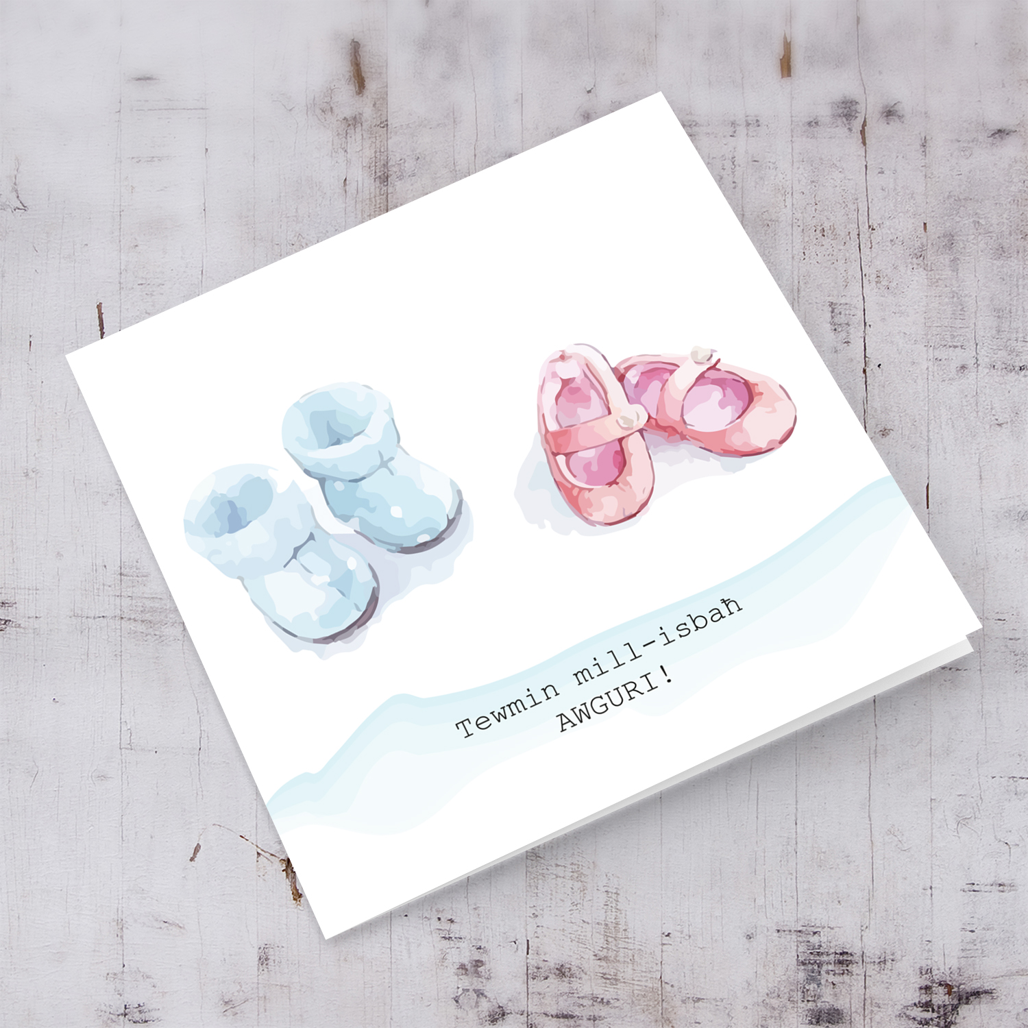 Blue and pink shoes themed twins New born card in Maltese