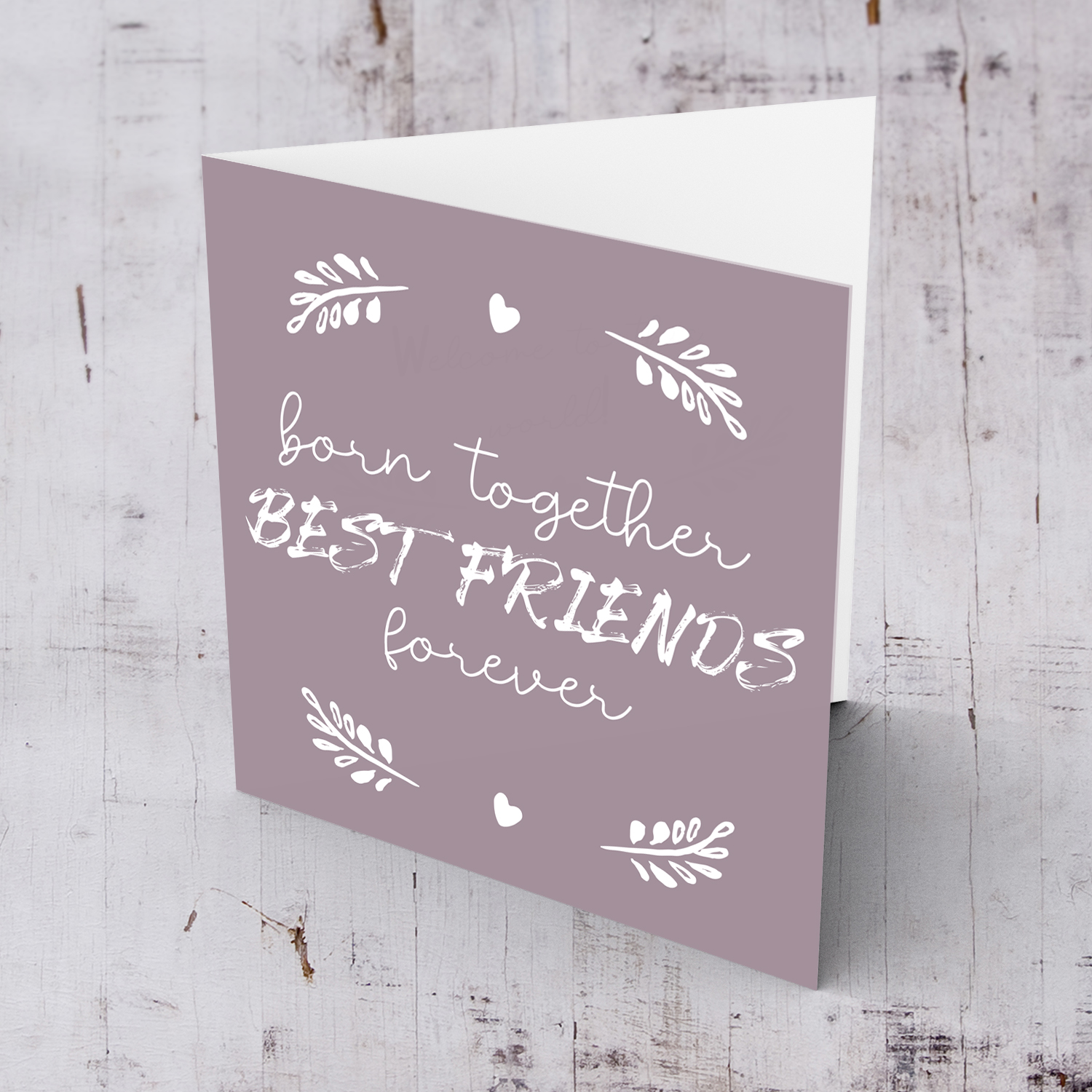 Old rose background with white wording new born card for twins in English