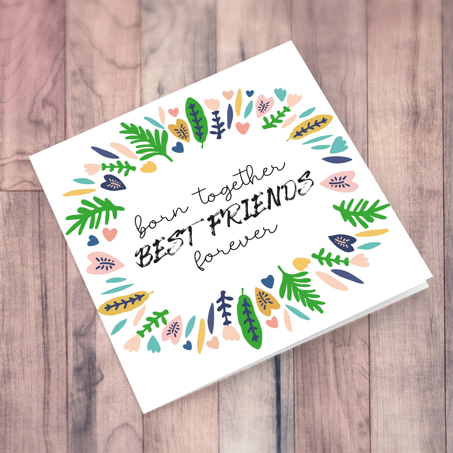 Leaves wreath new born card born together - for twins in English