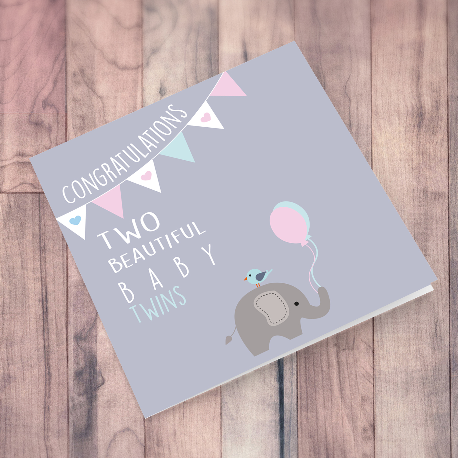 Elephant themed new born card for twins boy and girl in English