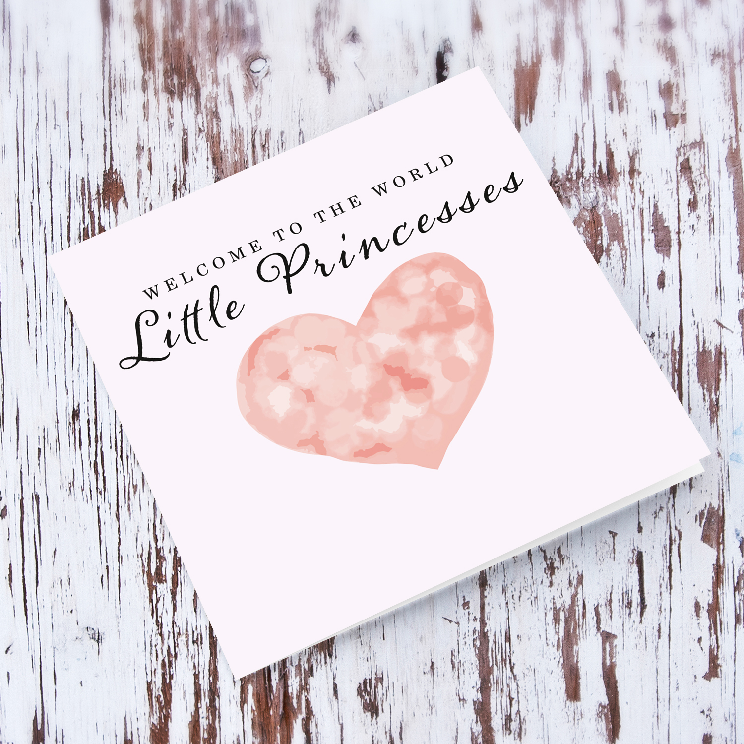 A new born card (for TWINS) in pink background with a cute pink watercolour heart - to a little princesses in English