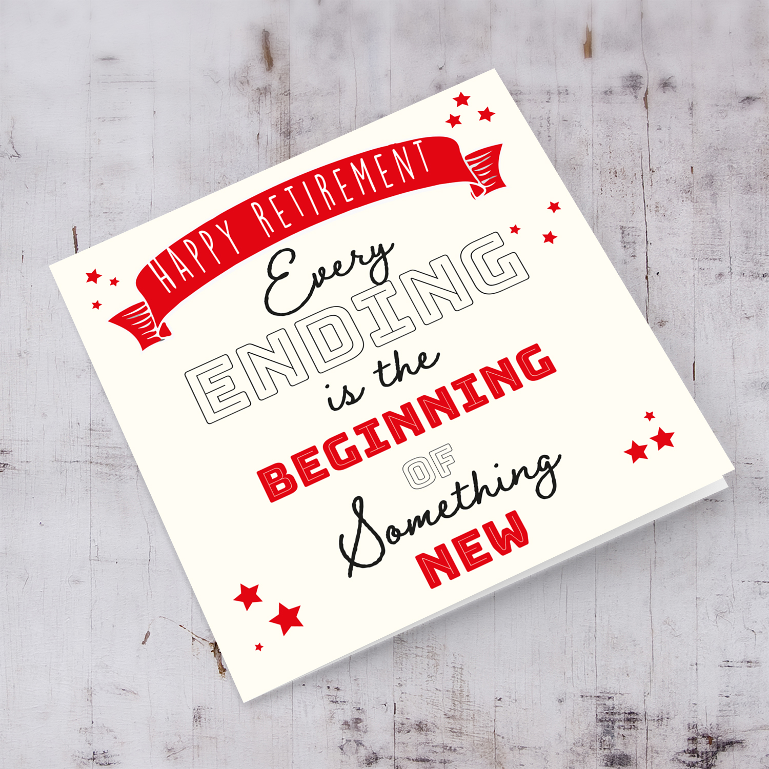 Retirement card with red banner and scattered hearts in English