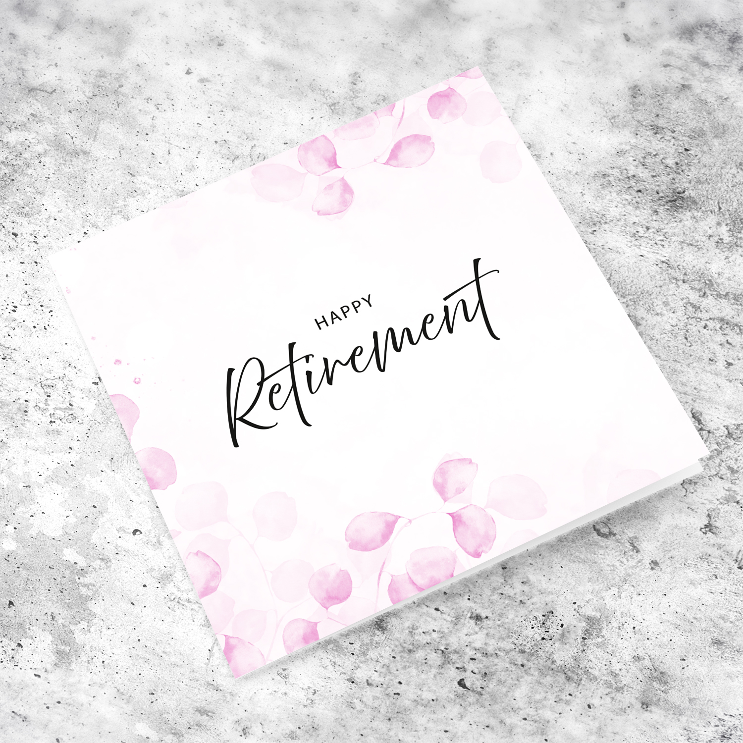 A dainty pink leave / plant background retirement card with black text in English (Blank inside) 