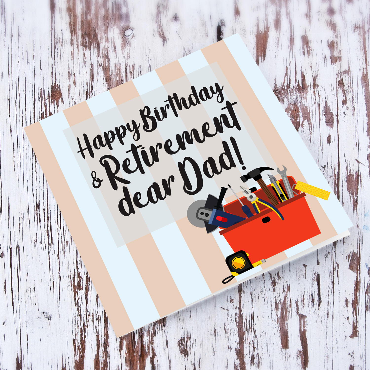 Happy Birthday and Retirement card for DAD with striped background featuring a toolbox with various tools in English