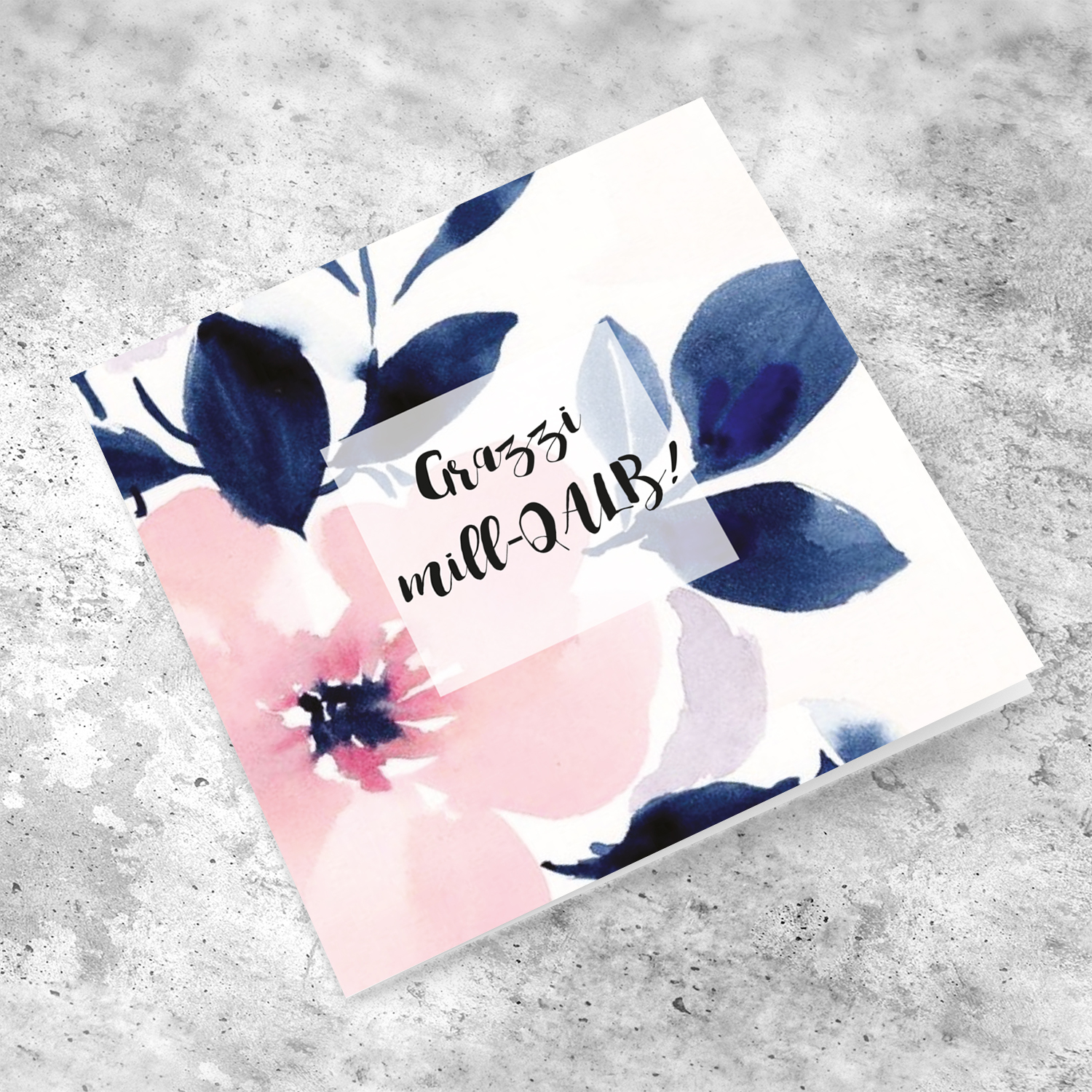 Pink flower with blue leaves thank you card in Maltese