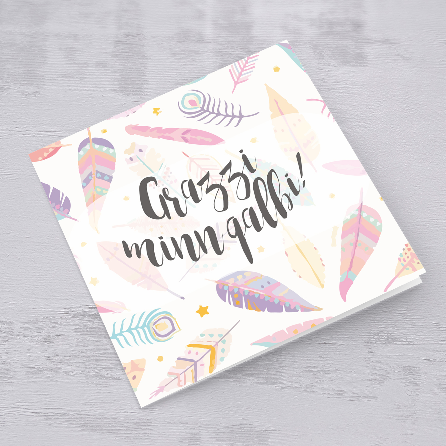 Pink feathered themed thank you card in Maltese