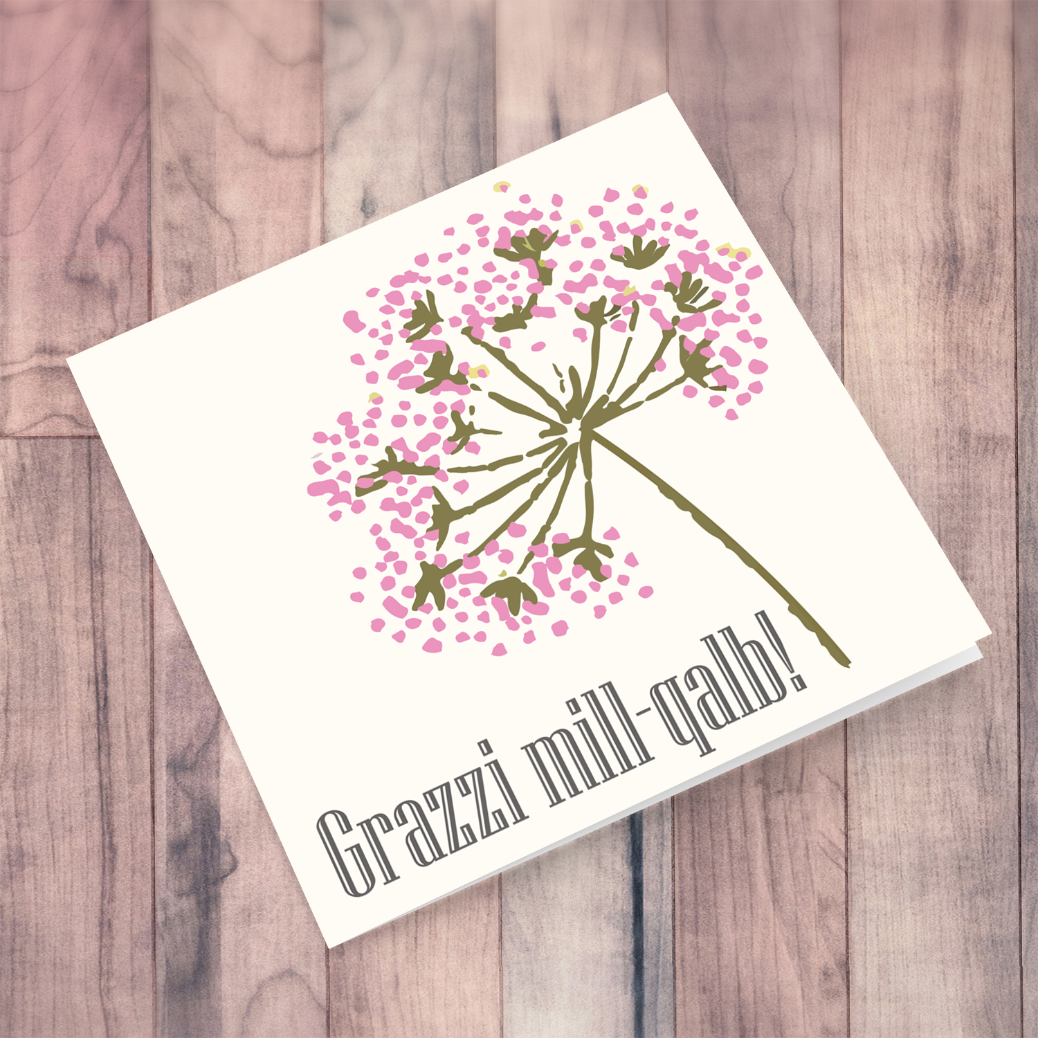 Thank you Card in Maltese with pink flowers