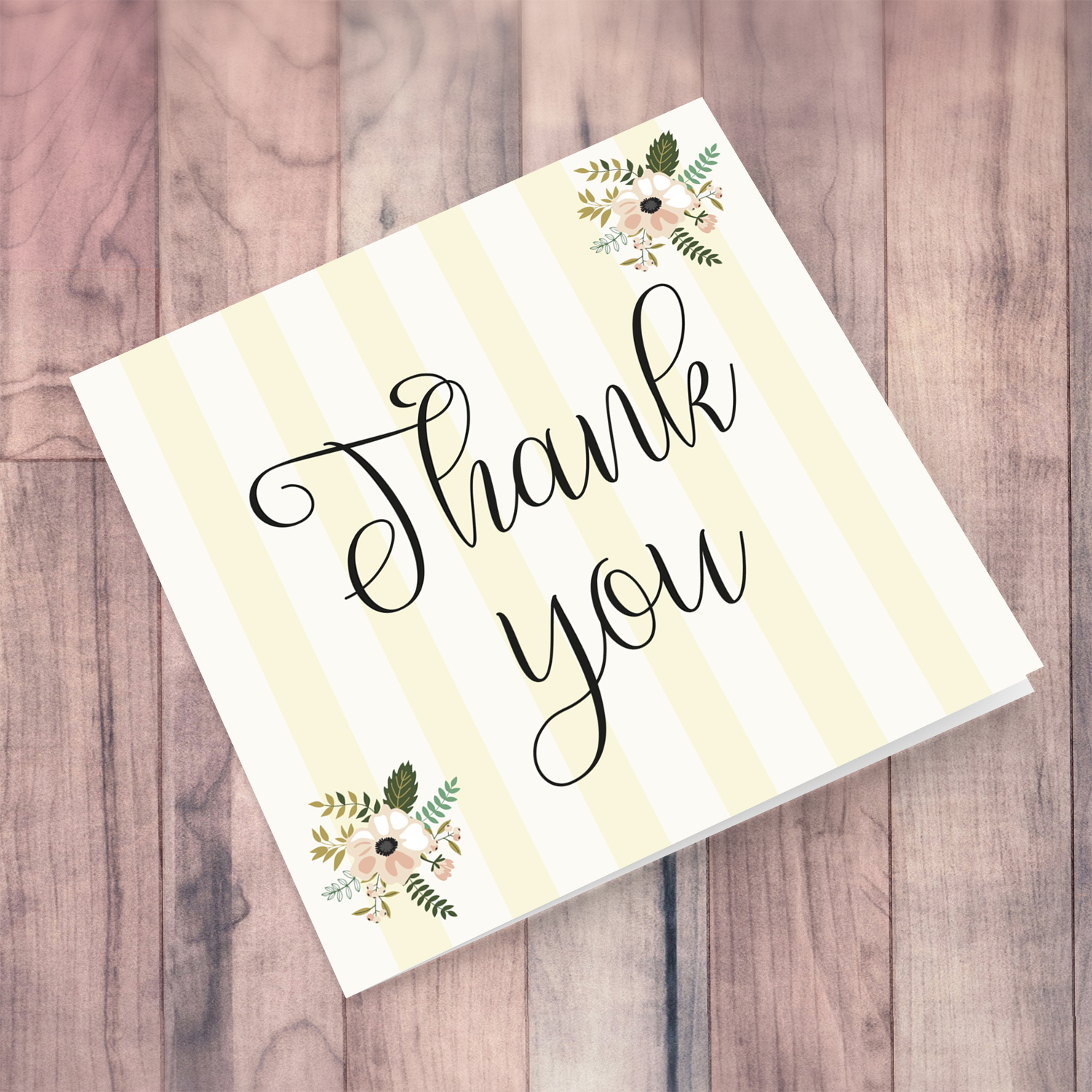 Elegant thank you card with striped pastel yellow background with florals in English 