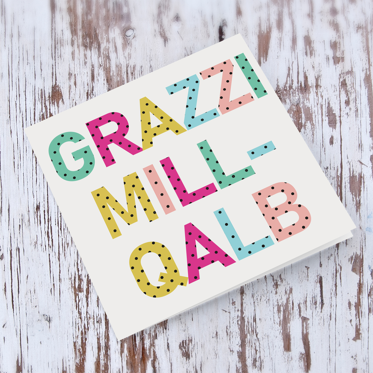 Colourful text with polka dots - Thank you card in Maltese