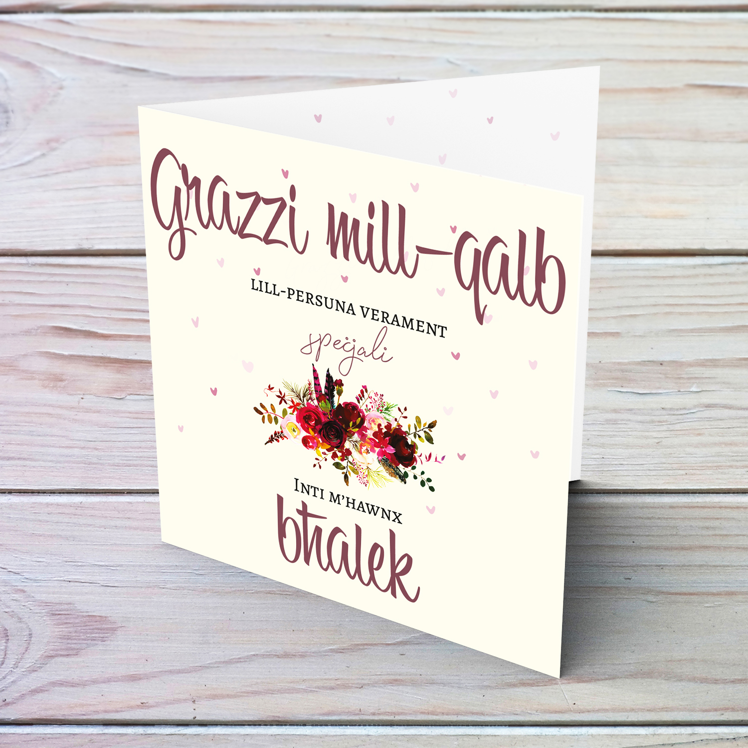 A thank you card for a special person with red florals in Maltese