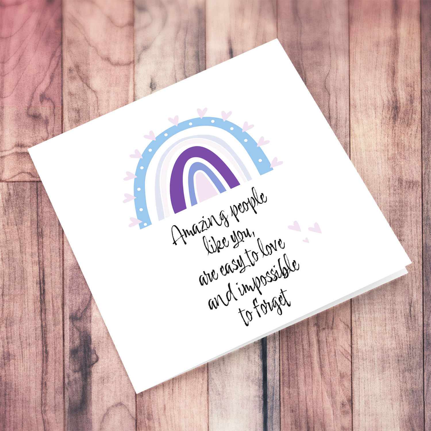 Rainbow themed thank you card for people so are impossible to forget in English