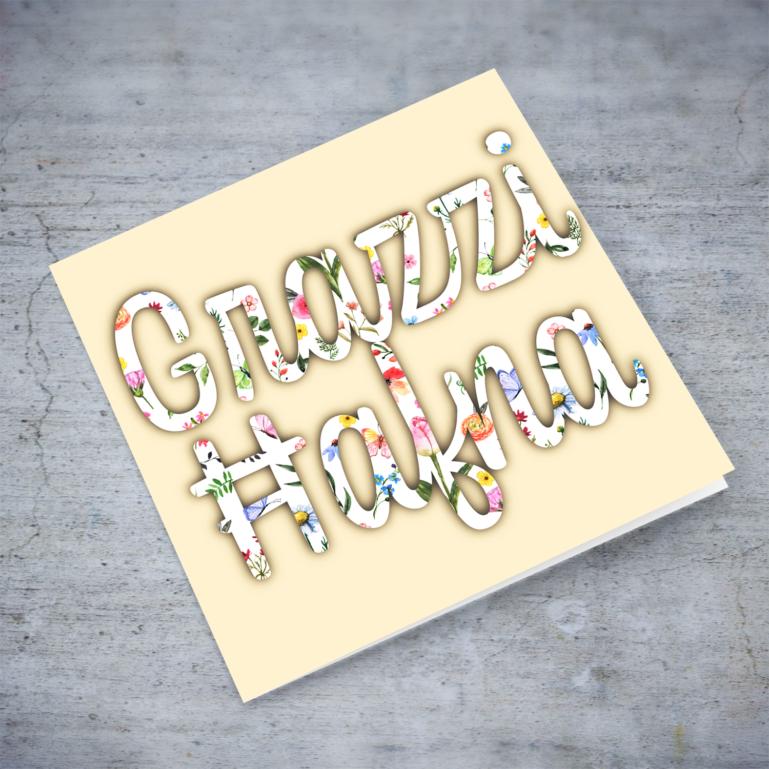 Floral text thank you card in neutral background in Maltese