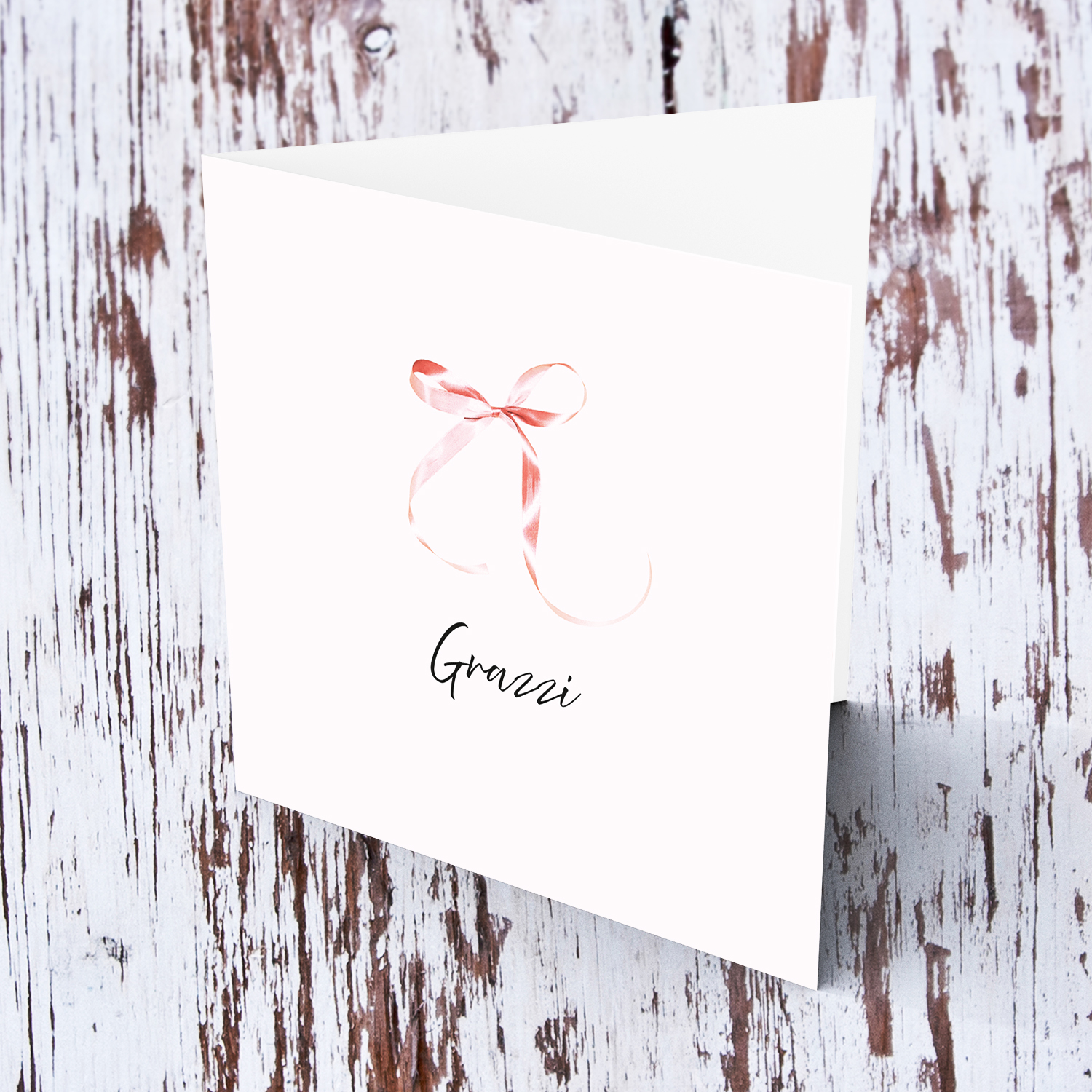 Minimalist and dainty open thank you card with cute pink bow and light pink background in Maltese