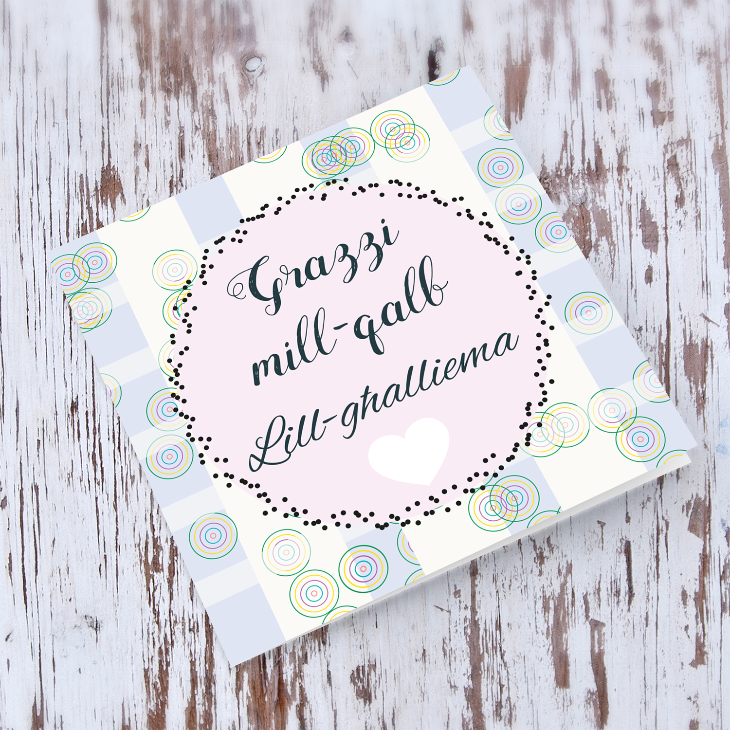 Chequed background in light pink and purple thank you card for teacher in MalteseGr