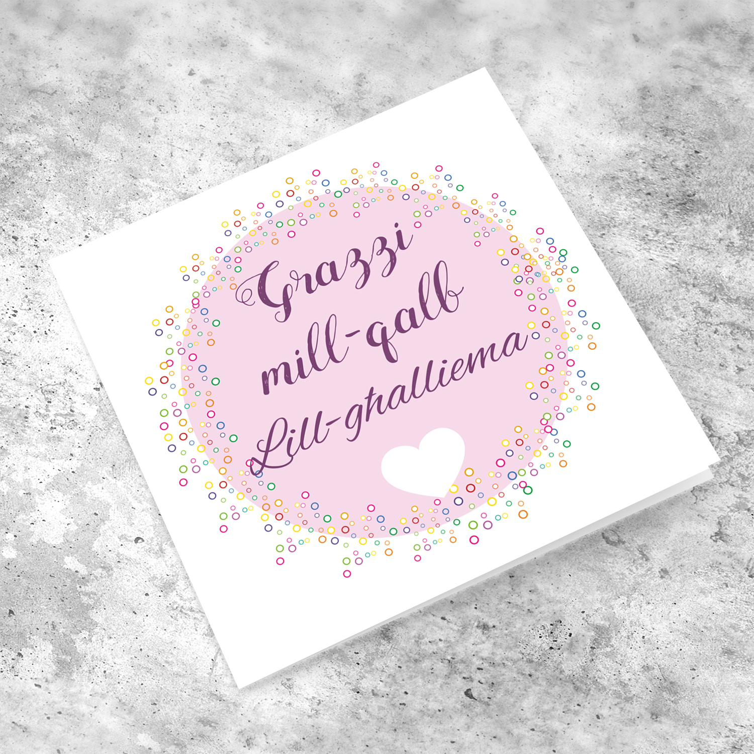Pink circle with scattered dots thank you card for teachers in Maltese