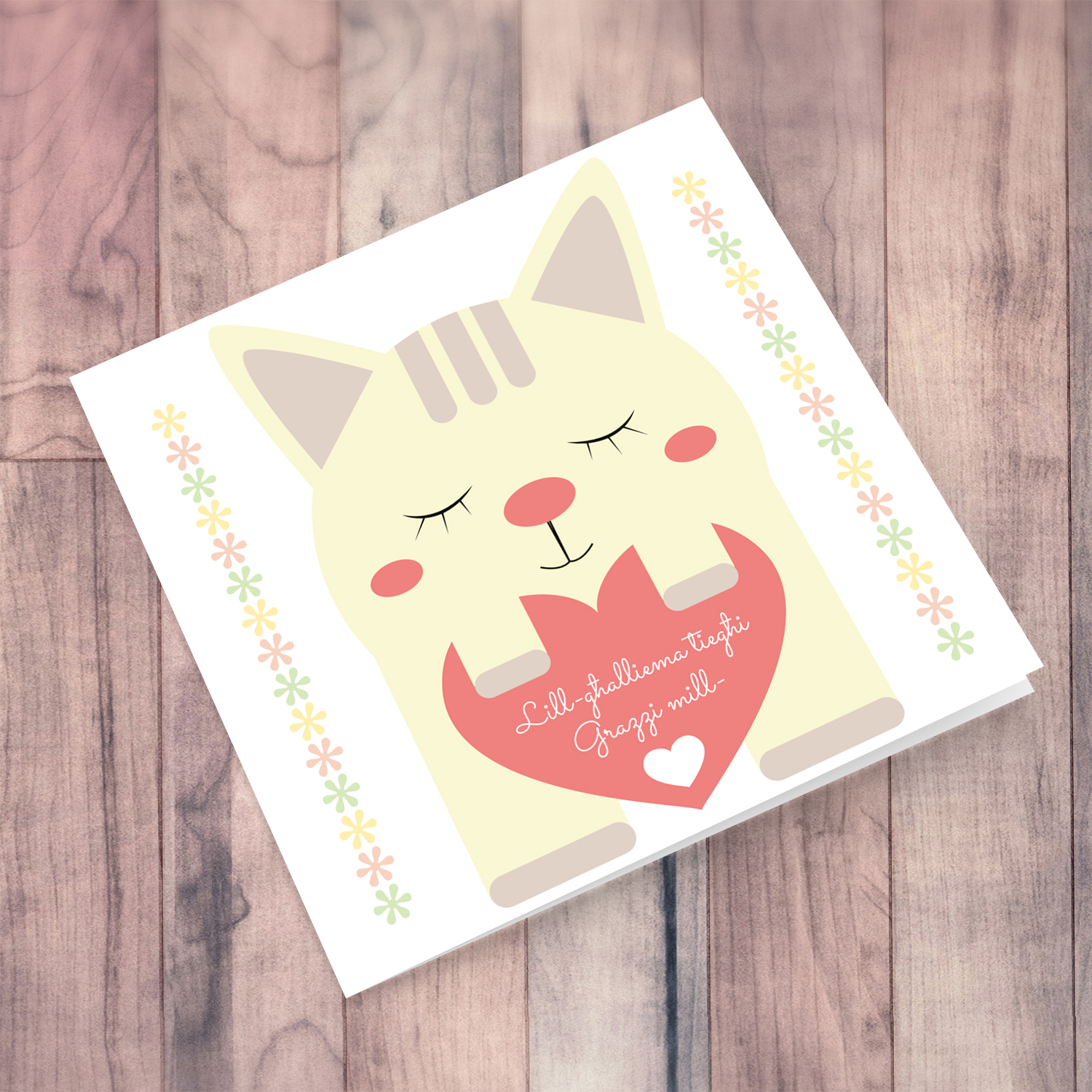 Cute cat thank you card for teacher in Maltese