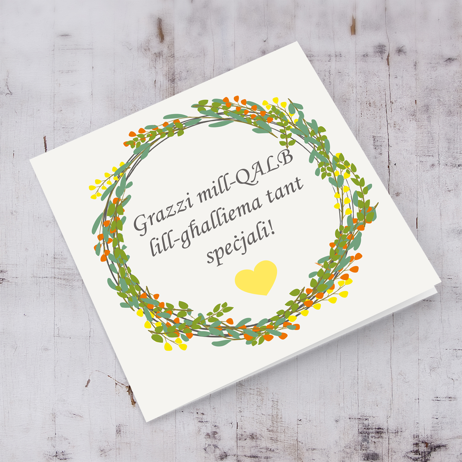 Wreath themed thank you card for teacher in maltese with yellow heart