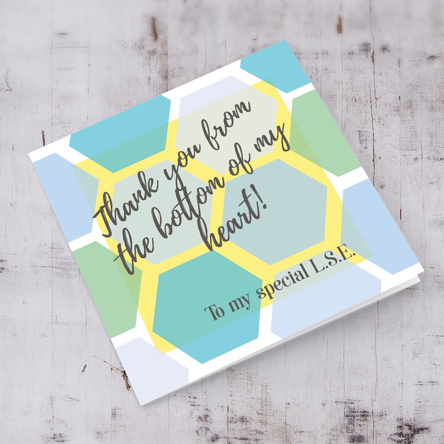 Blue coloured thank you card for LSE in English