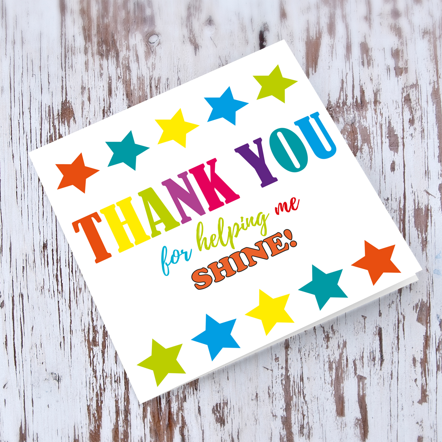 Colourful thank you card with stars in English