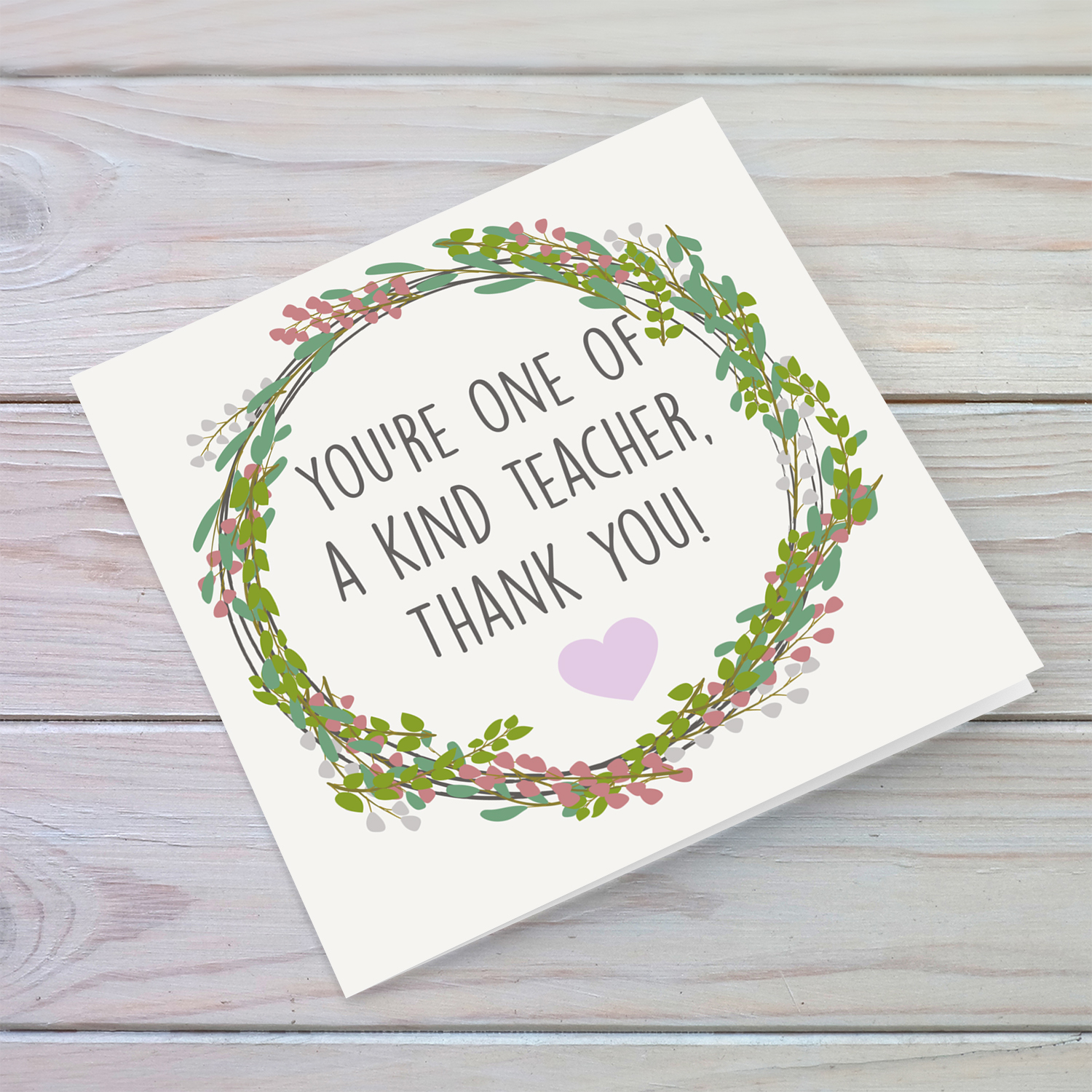 Wreath themed thank you card for teacher in English with purple heart