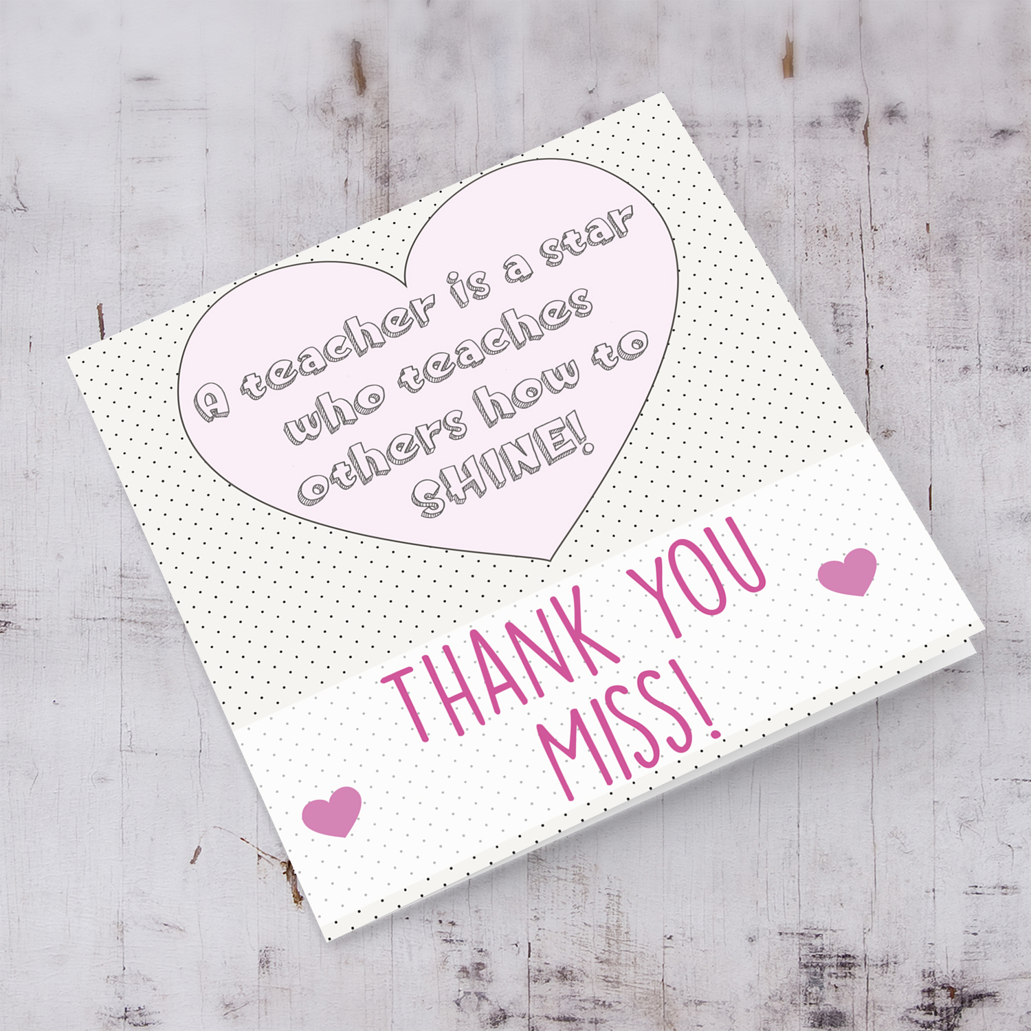 Heart themed thank you card for teacher in English