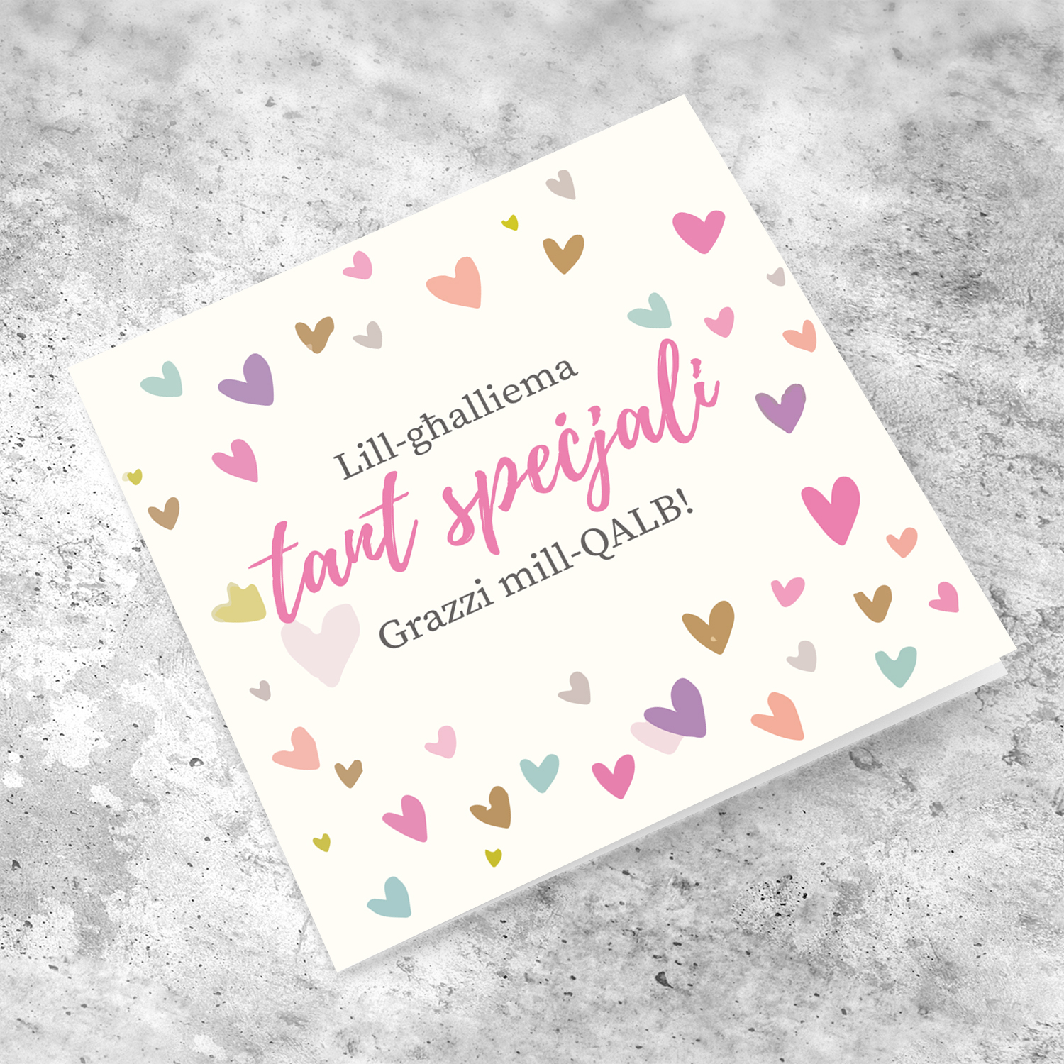 Heart themed thank you card for a special teacher in maltese