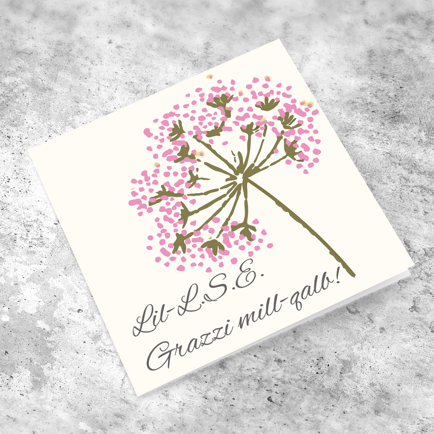 Pink flower thank you card for LSE in Maltese