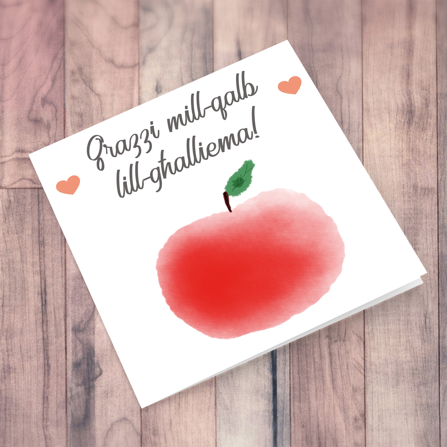 Watercolour apple thank you card for teacher in Maltese