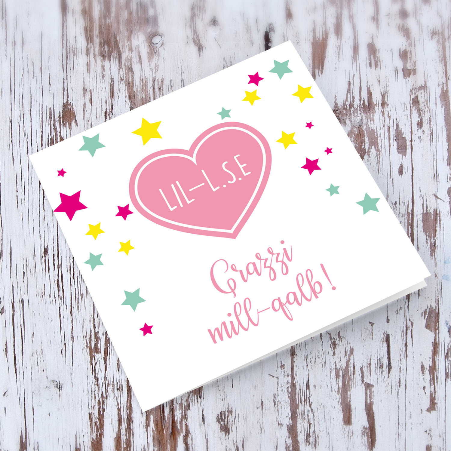 Pink heart with colourful stars thank you card for LSE in Maltese