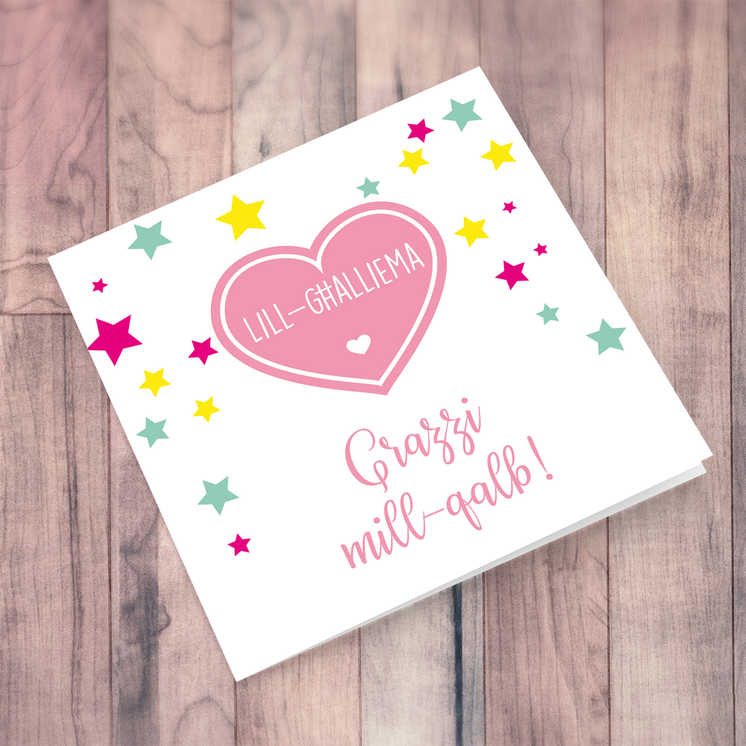 Pink heart with colourful stars thank you card for teacher in Maltese