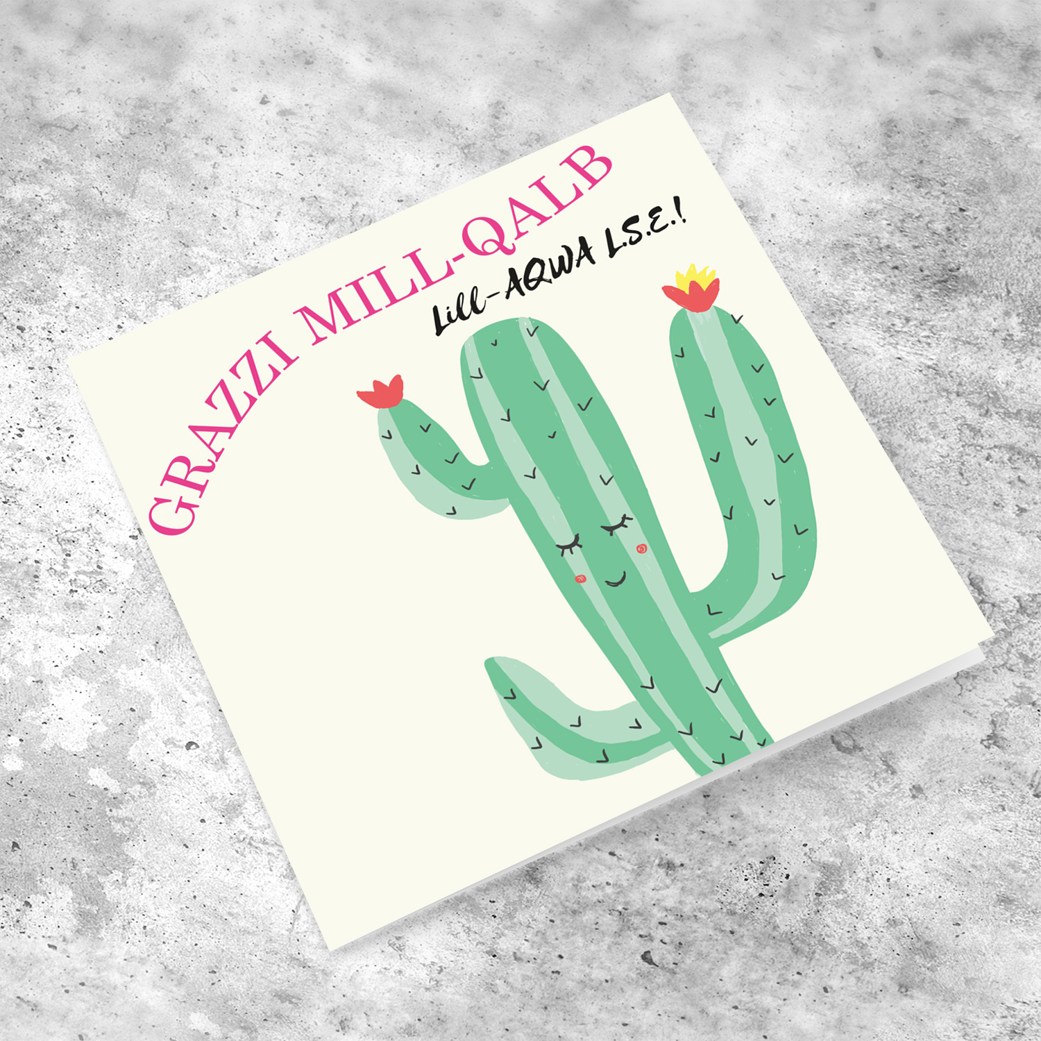 Sweet Cactus themed thank you card for LSE in Maltese
