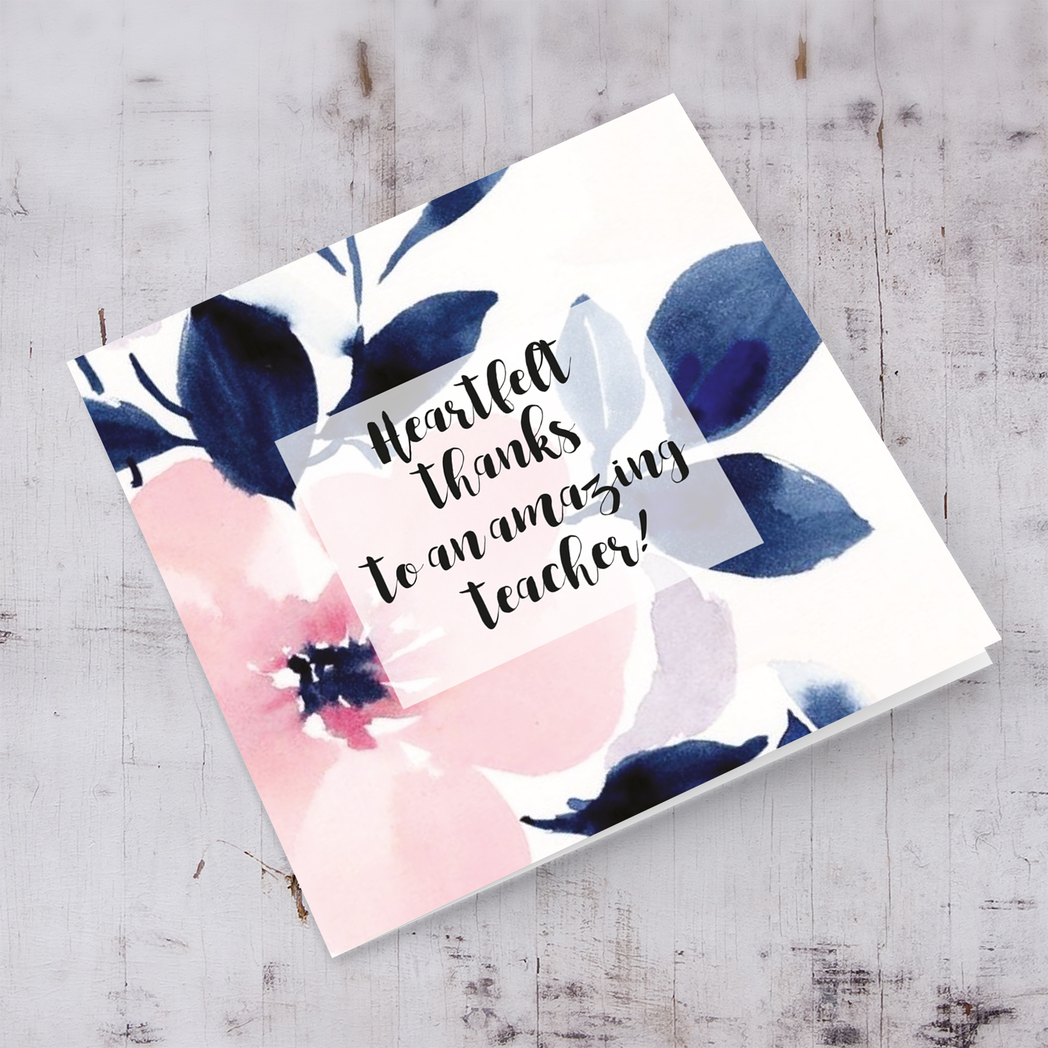 Pink flower with blue leaves thank you card for teacher in English