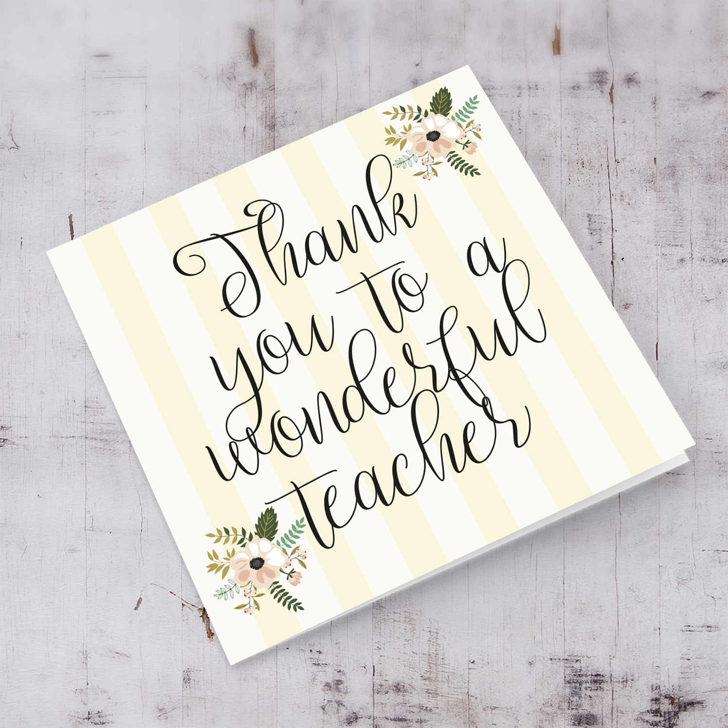 Elegant thank you card with striped pastel yellow background with florals for teacher in English 