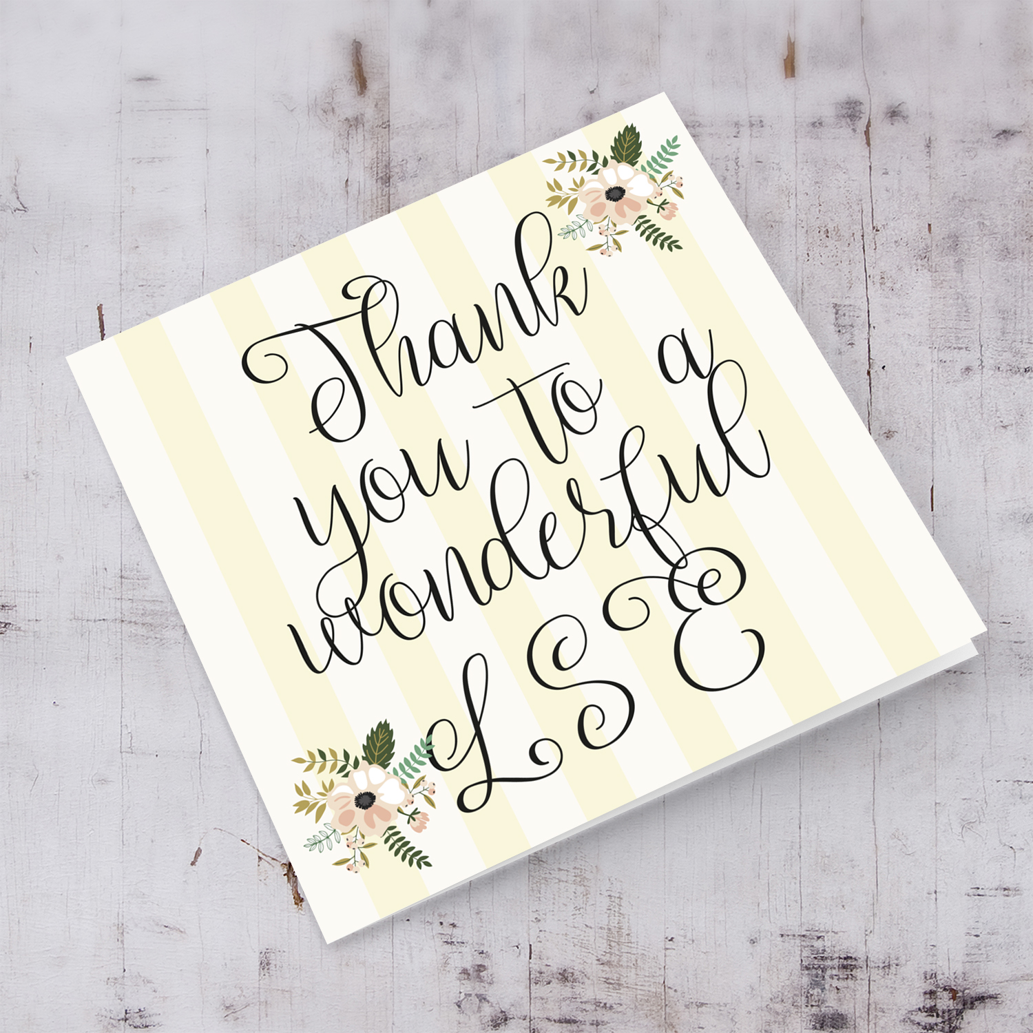Elegant thank you card with striped pastel yellow background with florals for LSE in English 