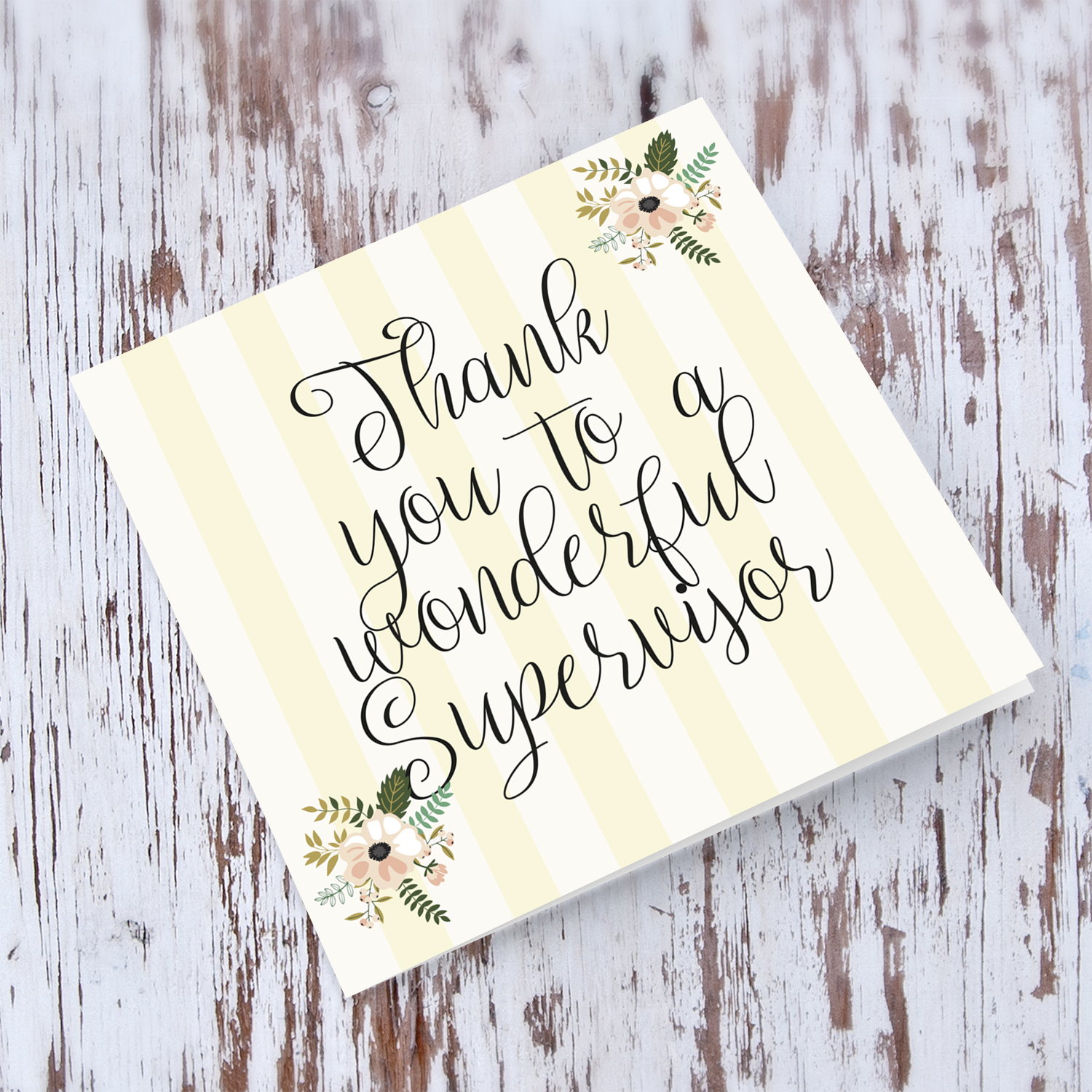 Elegant thank you card with striped pastel yellow background with florals for Supervisor in English 